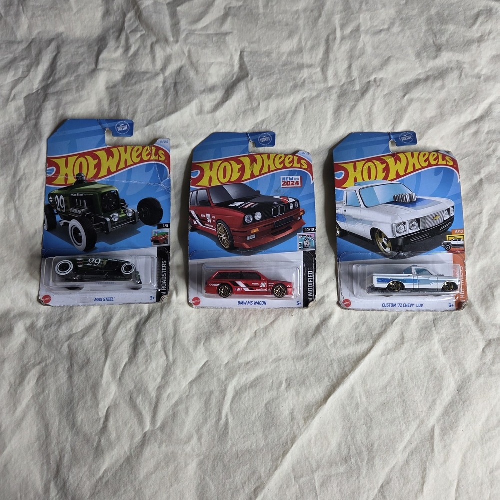Hot Wheels Lot of 3 – Max Steel, BMW M3 Wagon, Custom '72 Chevy LUV – New